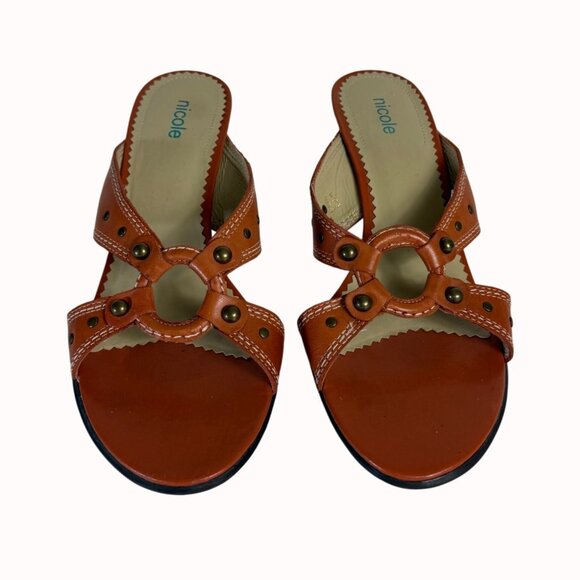 Nicole Rust Orange Sandals Sz 8.5 Leather High Heel Open Toe Cutouts Brass Studs - Picture 12 of 15